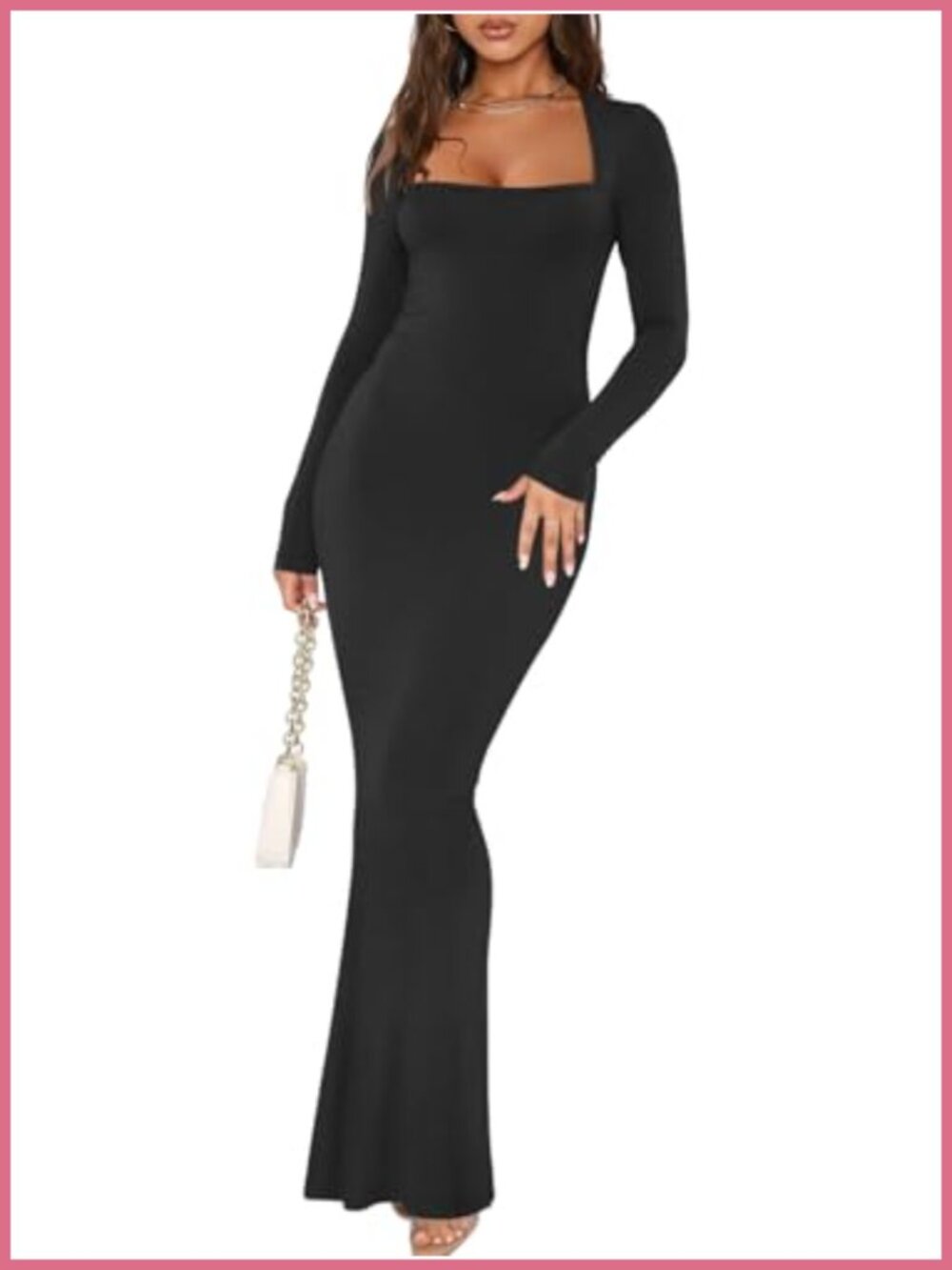 REORIA Womens Square Neck Long Sleeve Ribbed Bodycon Maxi Dress